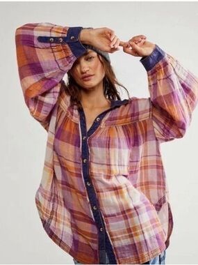 Free People Olivia Plaid Button Front Shirt Women’s Medium